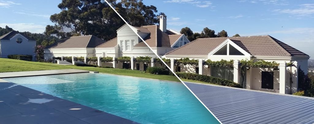 designer pool covers Two pictures of a swimming pool with pool covers nearby.