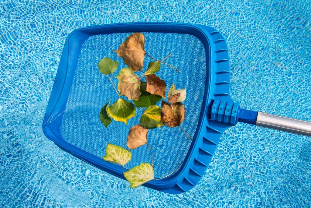Guide to Opening Your Pool for the Season, Including Removing Covers and Restarting Equipment 3 designer pool covers A blue pool skimmer effectively managing leaves and maintaining optimal pool water levels.