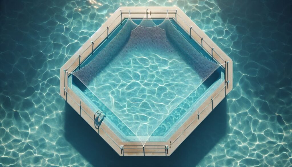 designer pool covers An aerial view of a swimming pool with a wooden deck.