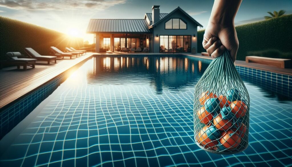 designer pool covers A hand holding a net bag of colorful balls beside a swimming pool with pool covers at sunset.