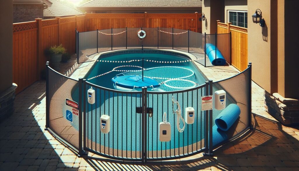 designer pool covers A swimming pool in a backyard with a fence.