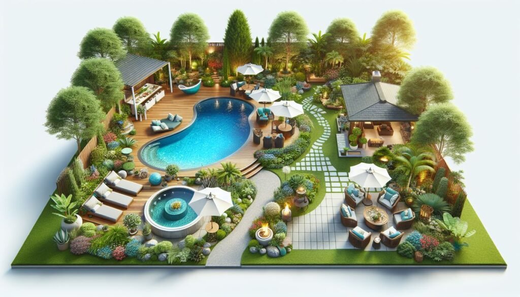 designer pool covers A 3d rendering of a garden with a swimming pool.