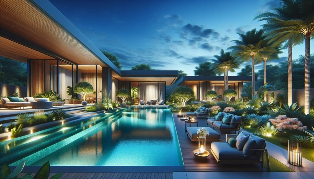 designer pool covers 3d rendering of a luxury home with a swimming pool.