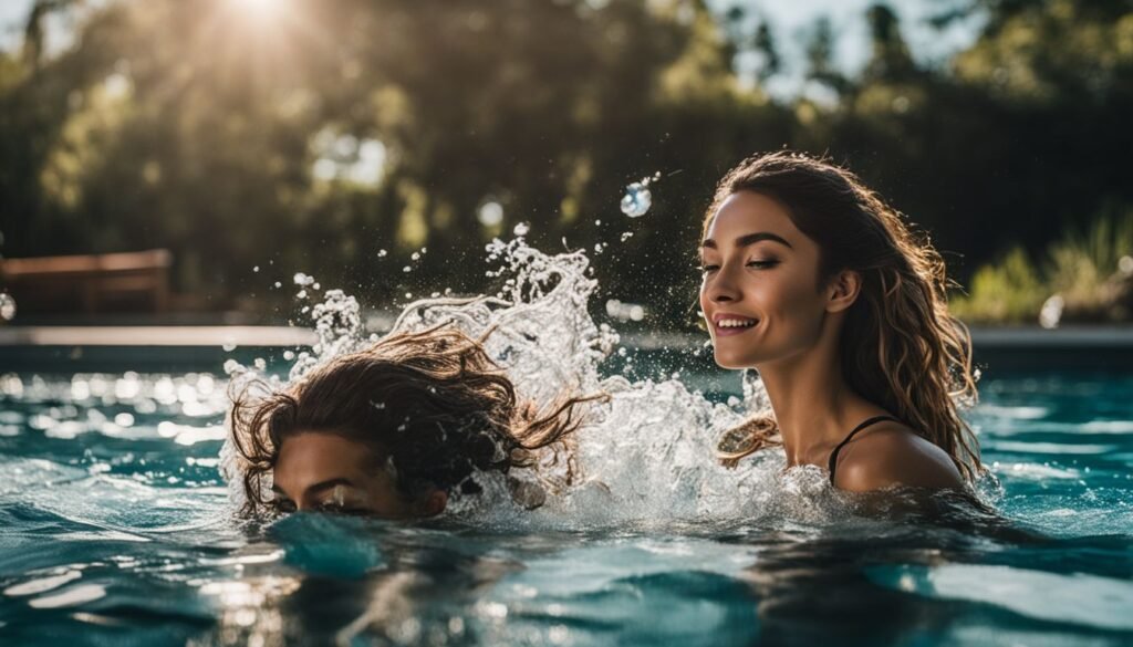 designer pool covers Two young women playing in a swimming pool.