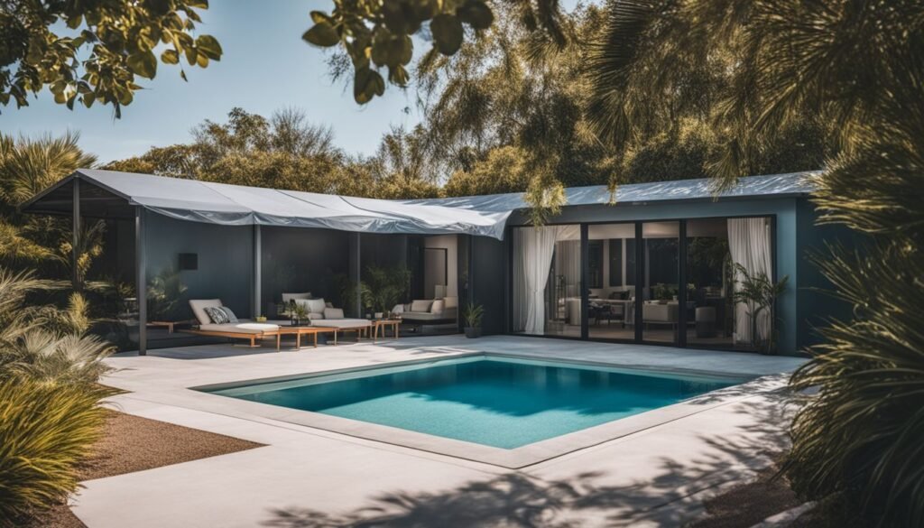 designer pool covers A blue house with a pool in the backyard.