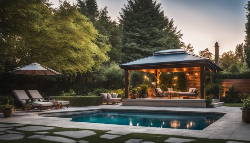 designer pool covers A backyard with a gazebo and a pool.