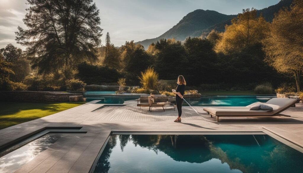 designer pool covers A woman standing in front of a pool with mountains in the background.