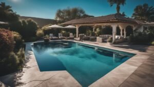 designer pool covers A pool with lounge chairs and a gazebo.