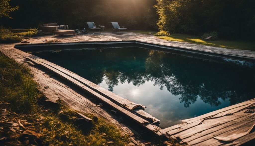 designer pool covers A wooden deck with a pool in the background.