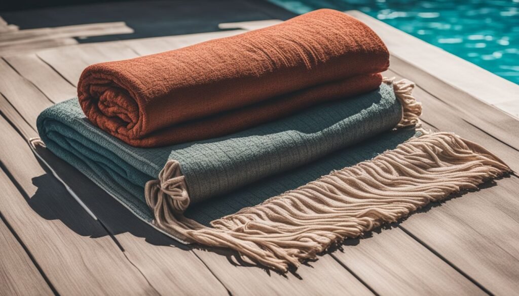 designer pool covers Two blankets on top of a wooden deck next to a swimming pool.