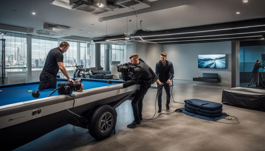 designer pool covers A group of men in a room with a pool table.