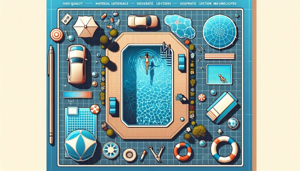 designer pool covers An illustration of a swimming pool with various objects.