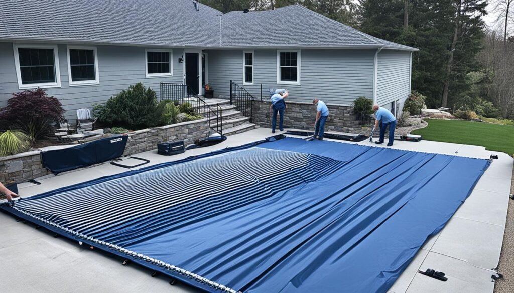 Pool cover installation in progress Pool cover installation in progress