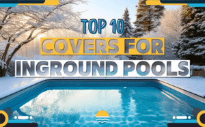 designer pool covers A winter scene with snow-covered trees surrounds an inground pool. Text overlay reads: "Top 10 Covers for Inground Pools.