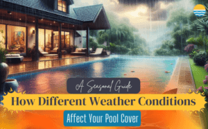 designer pool covers Rainy scene with a pool beside a house. Text overlay reads: "A Seasonal Guide: How Different Weather Conditions Affect Your Pool Cover.