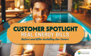 designer pool covers A smiling man holds an energy bill indoors, promoting a customer spotlight on real energy bills before and after installing pool covers.