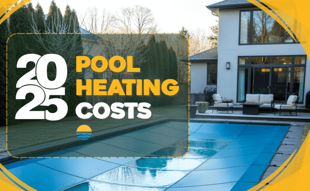 designer pool covers A backyard swimming pool with a cover, outdoor furniture, and a modern house, overlaid with text reading "2025 Pool Heating Costs.