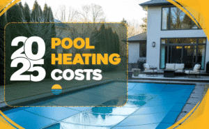designer pool covers A backyard swimming pool with a cover, outdoor furniture, and a modern house, overlaid with text reading "2025 Pool Heating Costs.
