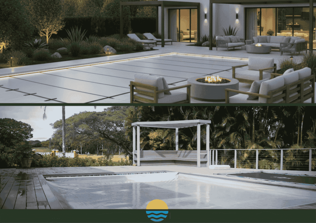designer pool covers Two images: the top shows a modern patio with a covered pool and lounge chairs at night; the bottom shows a covered pool with a canopy and greenery during the day.