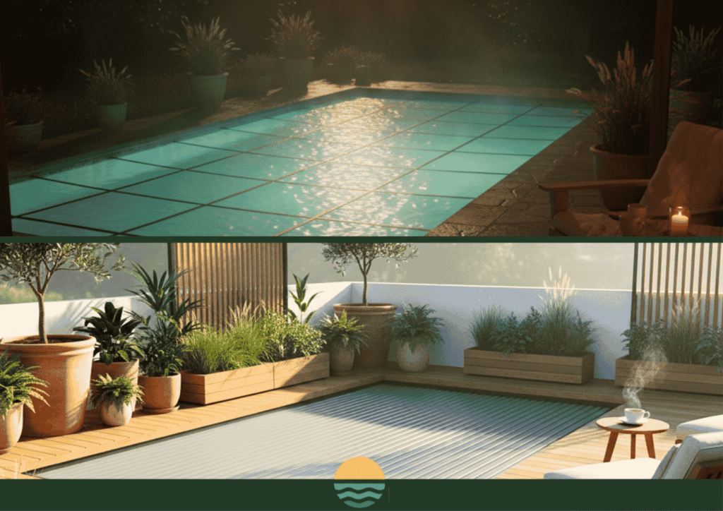 designer pool covers Two images show a backyard pool: the top at night with the pool uncovered and lit, the bottom during the day with the pool covered and surrounded by potted plants and patio furniture.