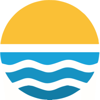 A stylized graphic of a yellow half-circle above three blue wavy lines, resembling a sunset over water.