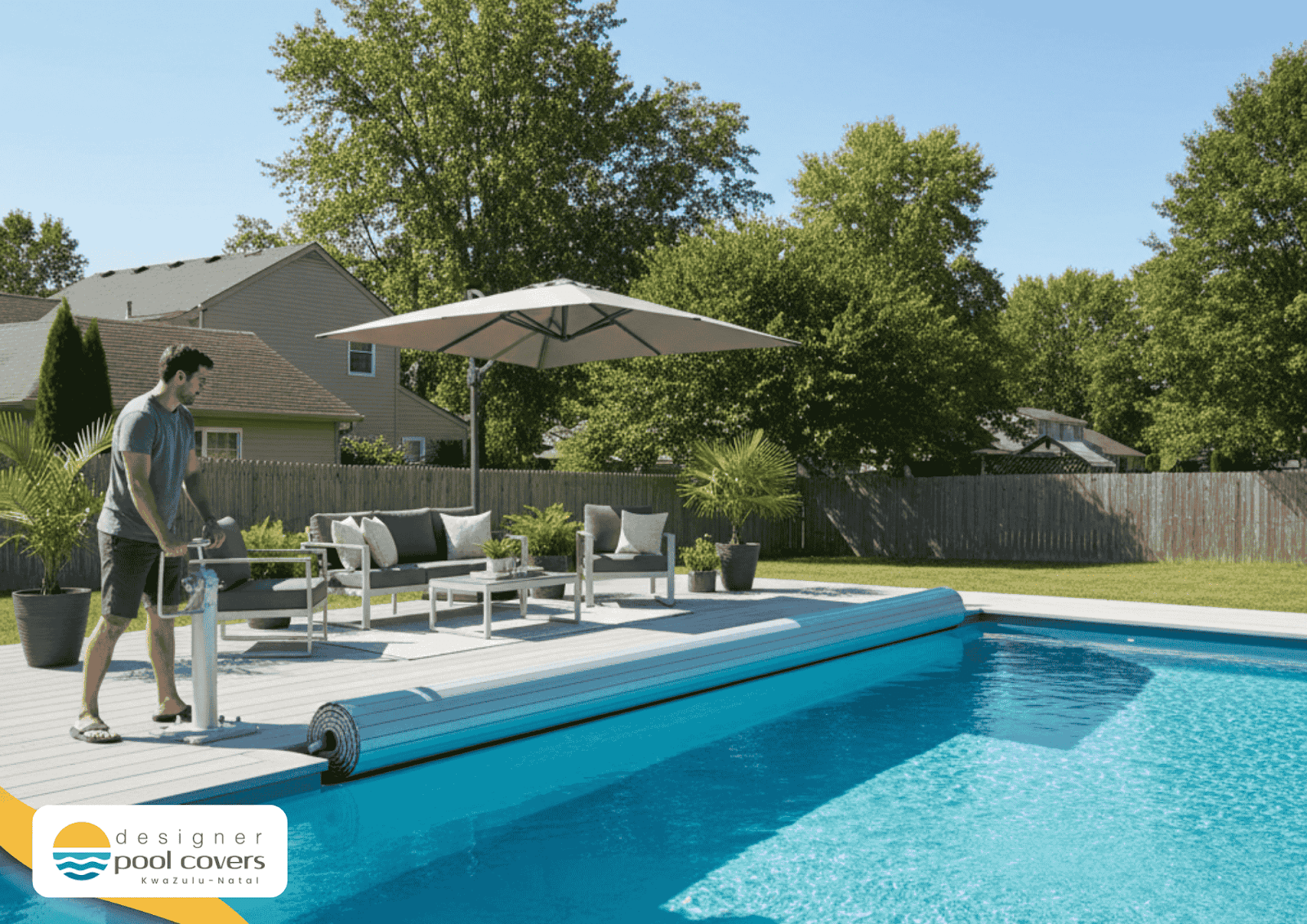 A man is rolling out an automatic pool cover on a backyard swimming pool, with patio furniture and umbrella nearby. The scene is bright and sunny.