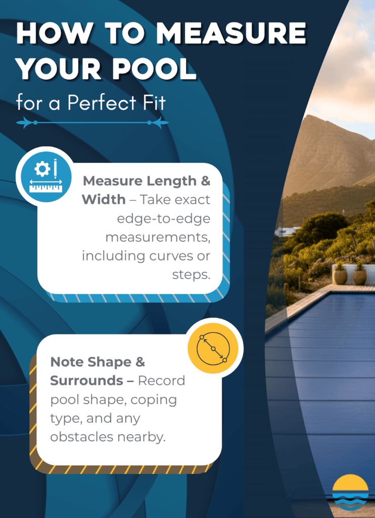 Infographic titled "How to Measure Your Pool" with tips to measure length, width, pool shape, coping type, and note any nearby obstacles. Background shows a pool beside a lake and mountains.