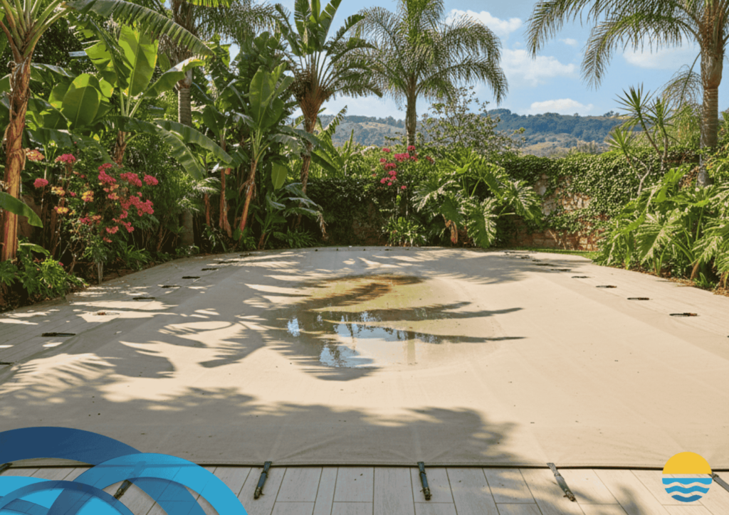 A covered outdoor pool with a puddle of water on the cover, surrounded by tropical plants and palm trees under a blue sky.