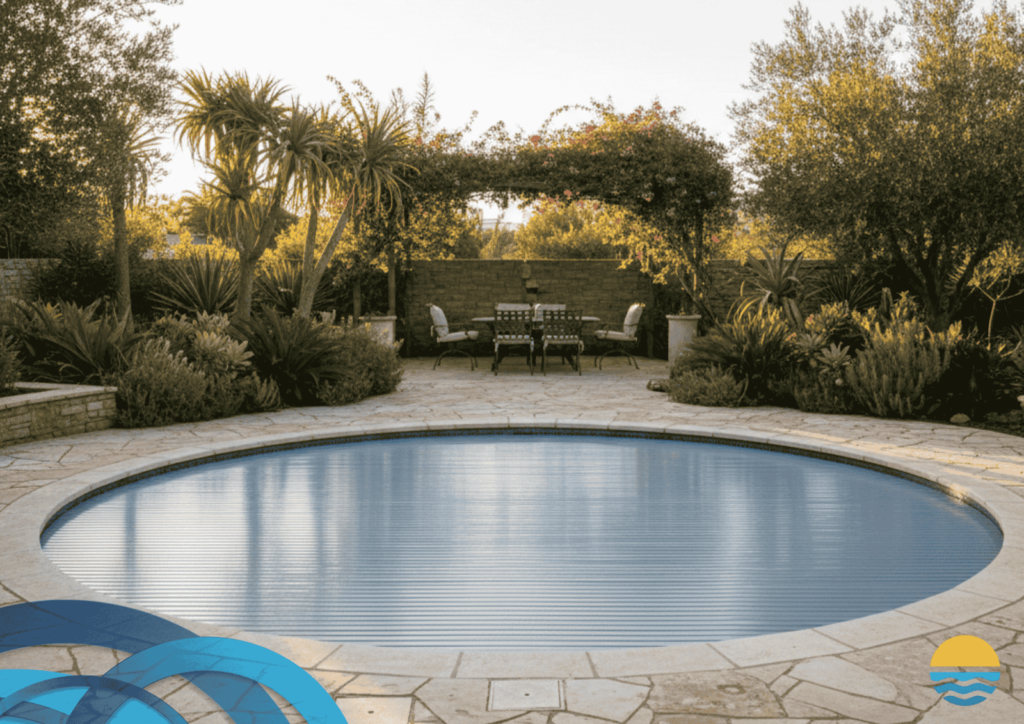 A circular swimming pool with a closed cover is surrounded by stone paving and lush greenery, with a patio seating area in the background.