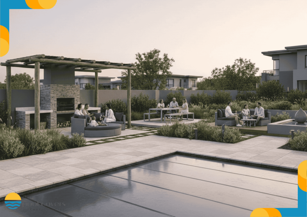 People sit and socialize in a modern outdoor patio area with lounge seating, a fireplace, dining tables, and landscaped greenery near a covered swimming pool.