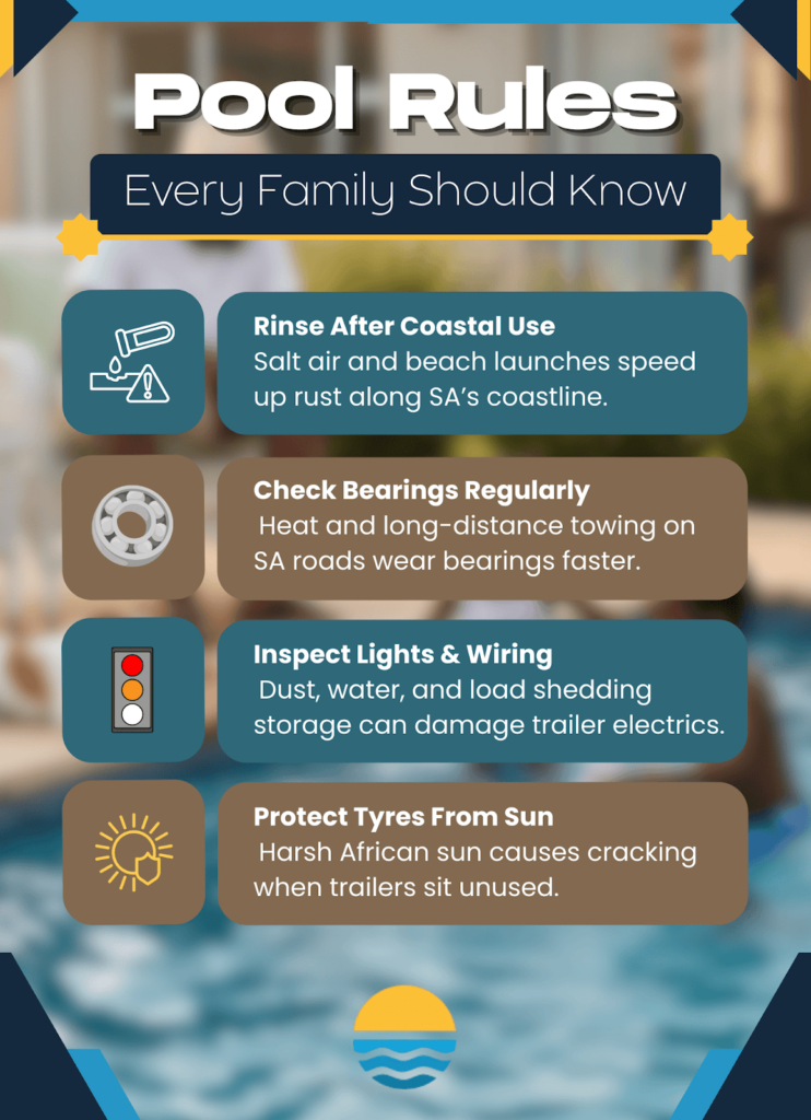 Infographic titled "Pool Rules Every Family Should Know" lists four maintenance tips for trailers, including rinsing after coastal use and protecting tyres from the sun.