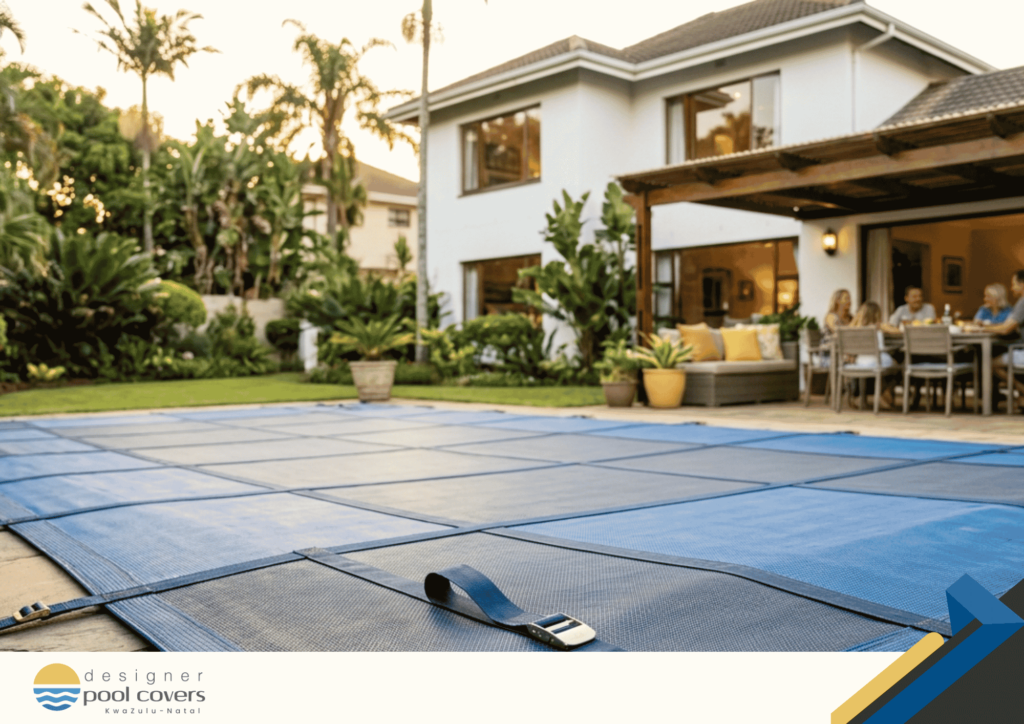 A blue safety pool cover is secured over a backyard pool near a modern house, with people sitting at an outdoor dining table in the background.